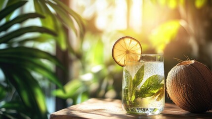 Refreshment Bliss: A vibrant photo captures a cool drink adorned with lemon and mint leaves, accompanied by a coconut, basking in sunlight, creating an aura of summer tranquility.