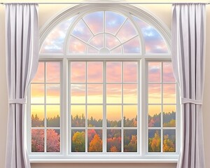 A large arched window framing a colorful sunrise view