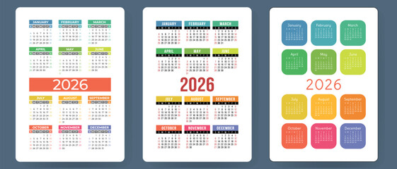 Calendar 2026. Colorful vector set. Pocket calender collection. Week starts on Sunday. Basic grid template for print