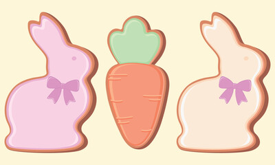 Vector illustration of easter gingerbread cookies in form of  bunnies and carrot.