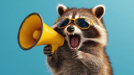 Fototapeta premium A raccoon in yellow sunglasses joyfully shouts into a yellow mehone against a vibrant blue background, embodying fun and playful energy in nature.