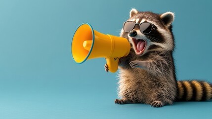 Fototapeta premium A stylish raccoon wea sunglasses holds a vibrant yellow mehone, enthusiastically shouting against a cheerful light-blue background setting.