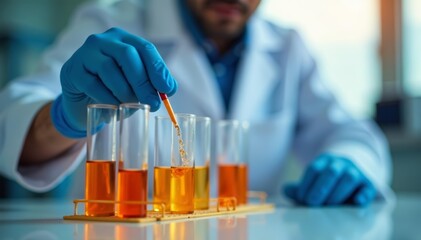 Fototapeta premium Close-up of scientist studying amber liquid in multiple test tubes on laboratory bench, experiment, science, laboratory