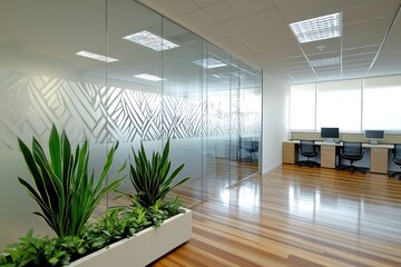 A modern workspace with etched glass partitions outlining team zones, complemented by sleek wood floors and subtle greenery for a calm ambiance
