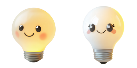 Cute Cartoon Light Bulbs With Smiling Faces and Cheerful Expressions Isolated on Transparent Background