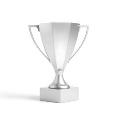 Silver trophy cup standing on white background representing victory and achievement
