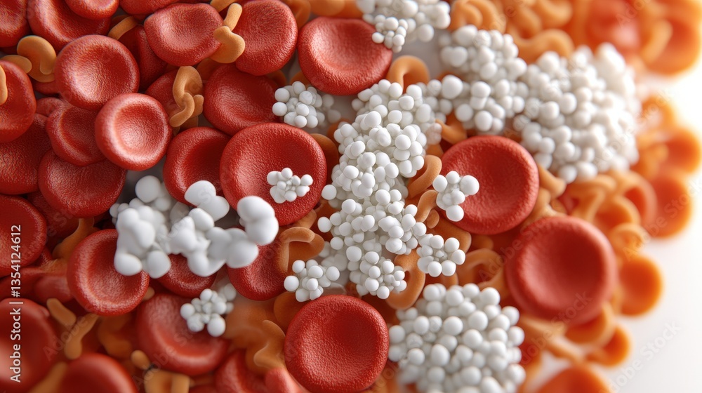 Poster close-up of red blood cells interacting with clusters of small white structures representing platele