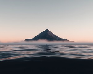 Mountain peak emerging from water with visible low lying clouds