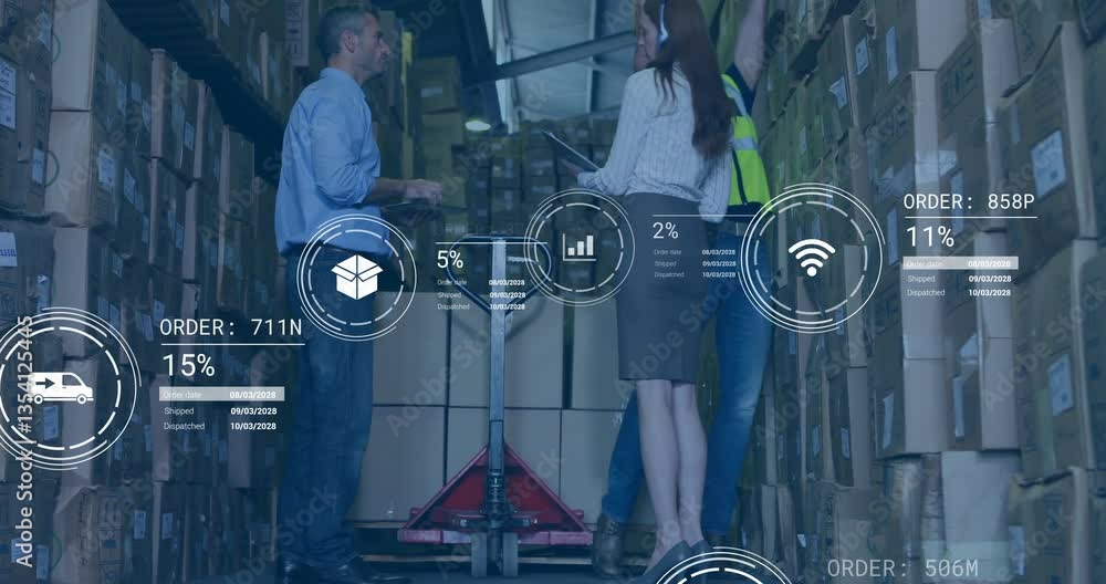 Poster Discussing logistics, warehouse workers with data processing animation overlay in background