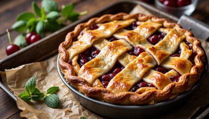 Homemade cherry pie with rustic crust on wooden table, culinary delight, copy space