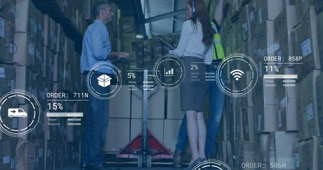 Discussing logistics, warehouse workers with data processing animation overlay in background