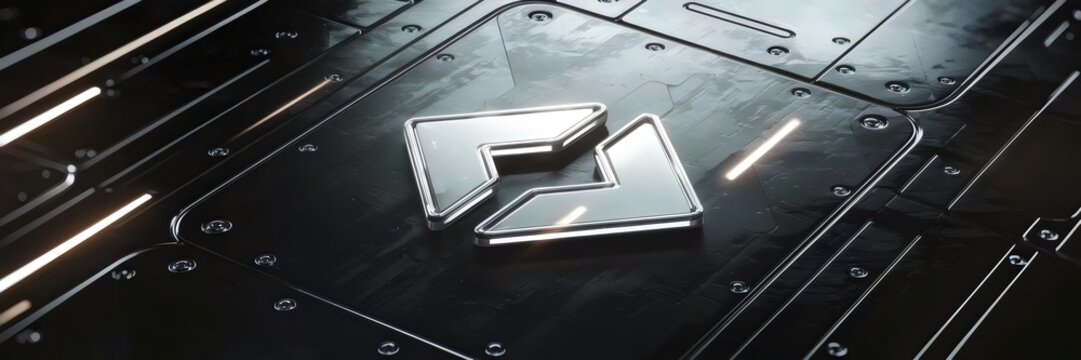 Futuristic split arrow icon on a dark metallic surface with fine texture