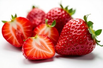 Close-up of sliced juicy strawberries on white background, fresh, healthy, summer