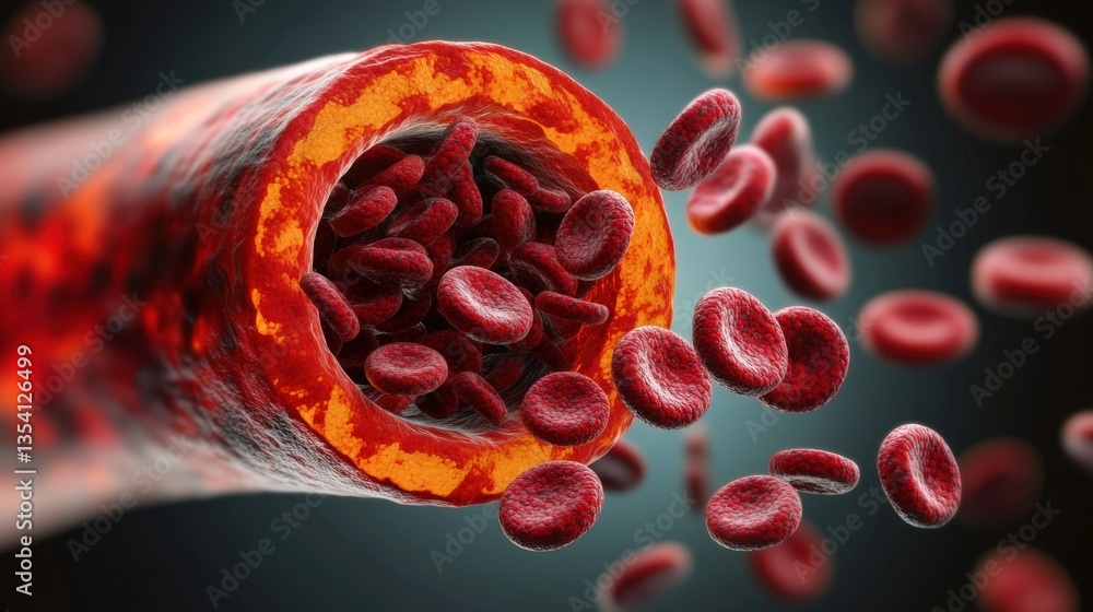 Poster microscopic view of red blood cells flowing through blood vessel with cells both inside and outside 