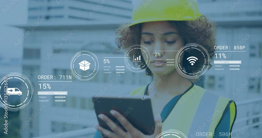 Poster using tablet, construction worker reviewing data with processing animation overlay