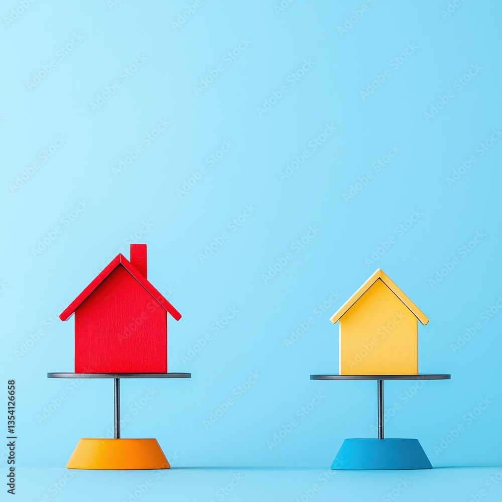 Poster a visual metaphor comparing renting vs. buying with a scale balancing benefits