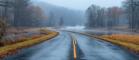 Misty Road Through Autumn Forest
