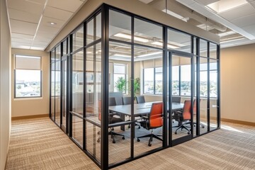 Fototapeta premium A professional environment featuring glass partitions with black aluminum framing, dividing conference rooms from shared spaces in a bright office interior