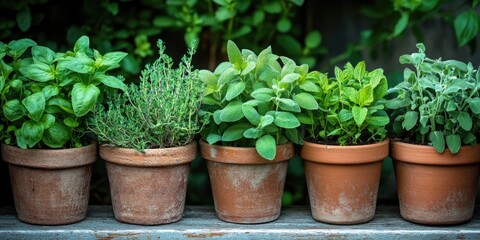 Fresh Herbs Grown at Home: Basil, Mint, Thyme, Sage and Oregano
