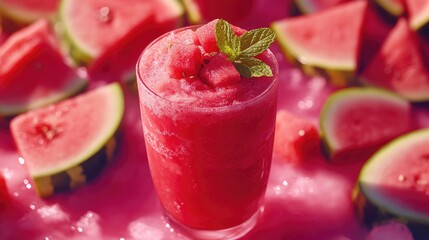 Refreshing Watermelon Slush: A vibrant close-up showcases a refreshing watermelon slush served in a glass, garnished with a sprig of mint, surrounded by juicy watermelon slices on ice.