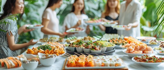 Friends Enjoying a Variety of Dishes at a Colorful Outdoor Feast Gathering