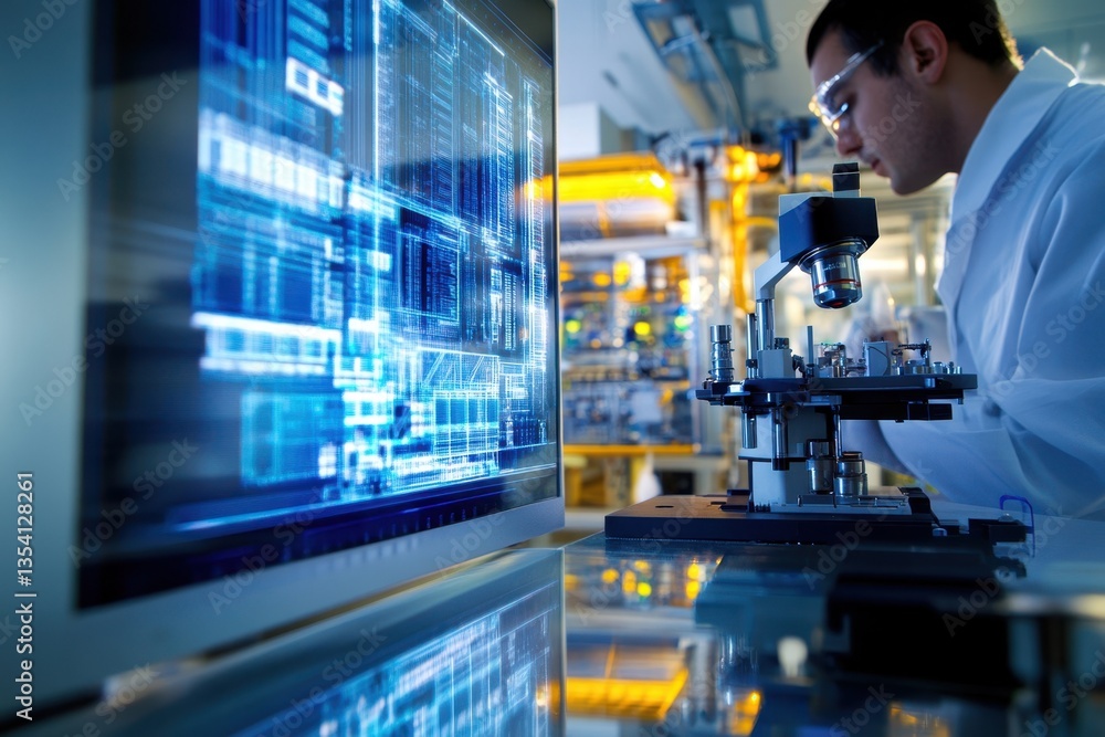 Poster scientist conducts research using microscope and computer in modern laboratory setting