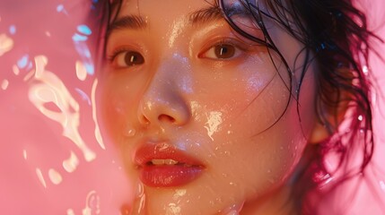Close-up Portrait of Woman in Colorful Water with Artistic Lighting Effects