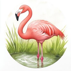 Elegant Pink Flamingo in a Watercolor Painting, Standing Gracefully in Shallow Water Surrounded by Lush Green Grasses