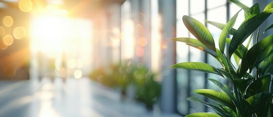 Bright Sunlight Streaming Through Office Window with Green Indoor Plant