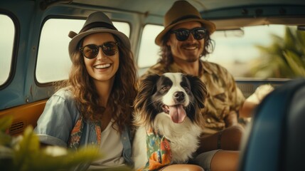 Happy Couple Riding in Vintage Van with Dog on a Sunny Day Adventure