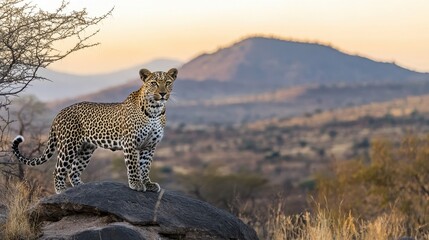 Obraz premium leopard on rock in african savanna at sunset