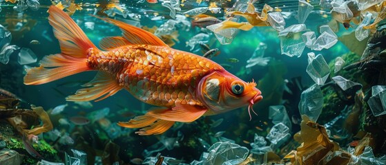Vibrant Goldfish Swimming Amongst Littered Plastic Waste in Aquarium