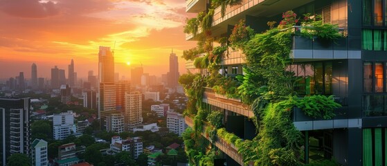 Urban greenery enhances city skyline during stunning sunset view