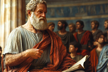 Aristotle shares wisdom with students in a classical Roman hall setting