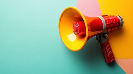 A vibrant red and yellow mehone prominently displayed against a colorful teal pink and yellow abstract background creating a striking visual contrast