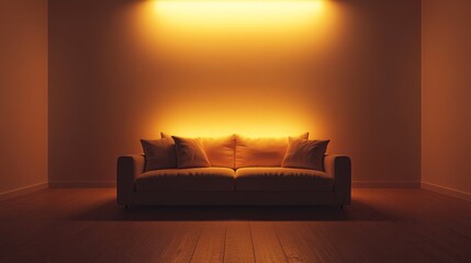 Illuminated sofa with cushions against wall in a minimalist room
