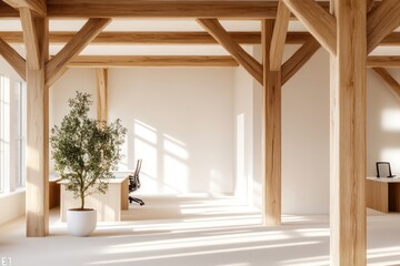 A quiet, open office environment with natural wooden beams, airy white walls, and sunlight creating subtle highlights on neutral surfaces