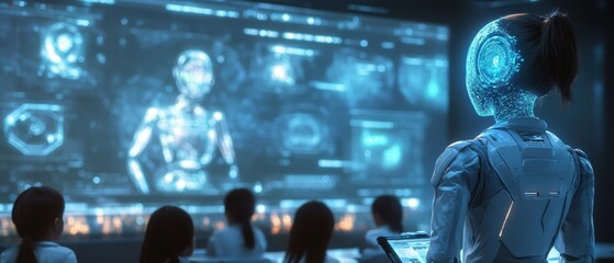 Futuristic Classroom with Humanoid AI Teaching Children in Advanced Technology Setting