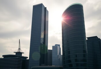 Obraz premium Empty skyscrapers pierce a grey London sky, sun glinting off glass, finance, uninhabited