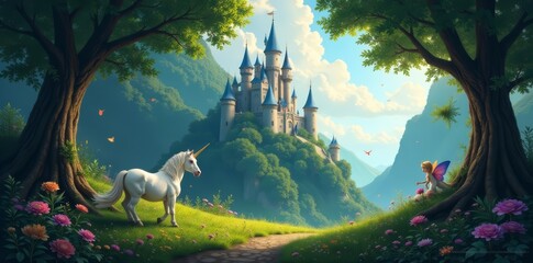 Enchanting forest scene with castle, unicorn, and fairy tale creatures, silhouette, castle