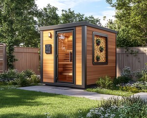 A modern wooden sauna nestled comfortably within a tranquil garden