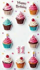 Assortment of birthday themed stickers featuring cupcakes, candles, and confetti, design, joyful, balloons