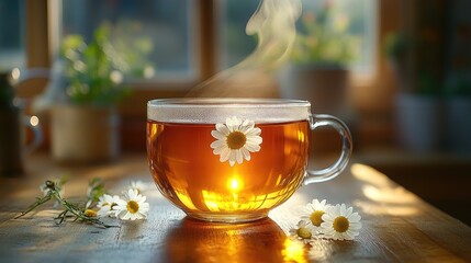 Chamomile Tea Bliss: A steaming cup of chamomile tea, adorned with delicate chamomile flowers, sits invitingly in a sunlit setting, evoking a sense of relaxation and well-being.