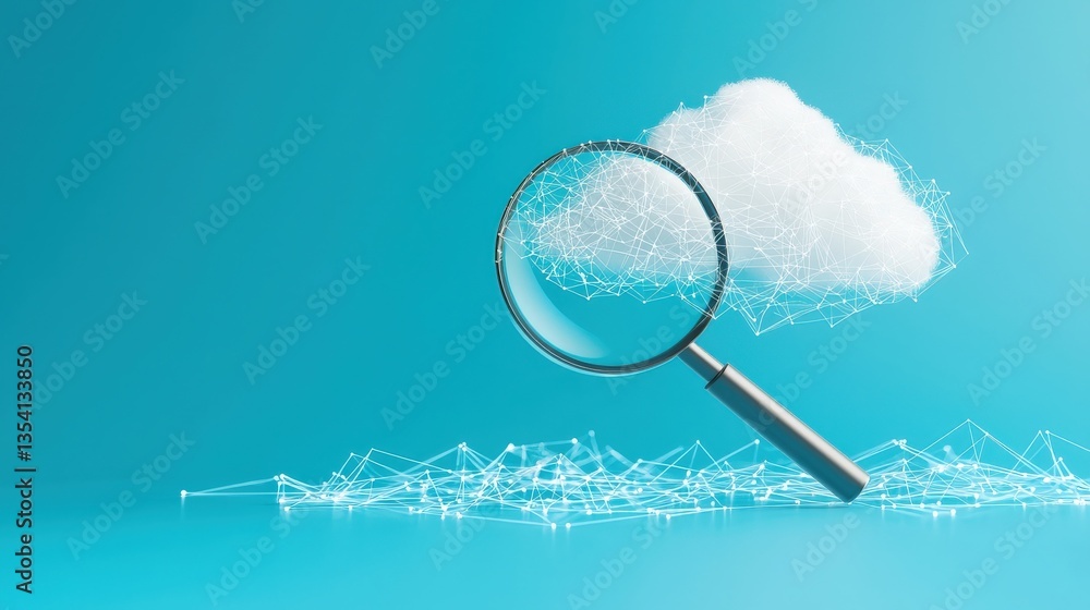 Poster a digital magnifying glass hovering over a cloud network, representing cloud data security