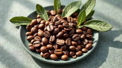 Fototapeta premium Fresh coffee beans and green leaves on a ceramic plate in sunlight