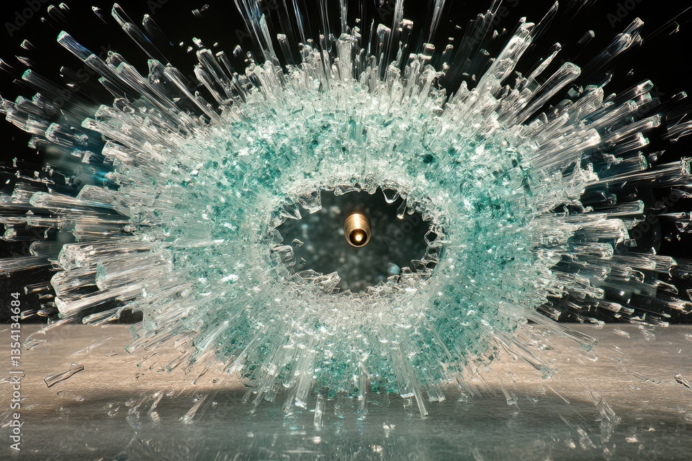 Aufkleber bullet impacts glass creating intricate patterns of shattered fragments and debris