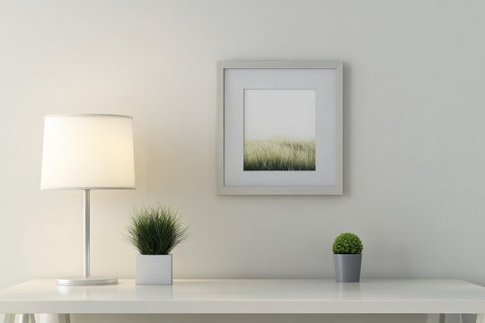 A serene workspace featuring a clean desk, a single framed photo, a simple lamp, and a small green plant