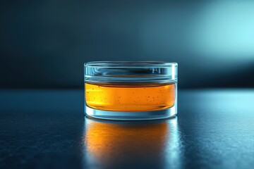 Low glass jar filled with amber liquid on dark surface. Use this image for cosmetic, food, or healthy products mockup.