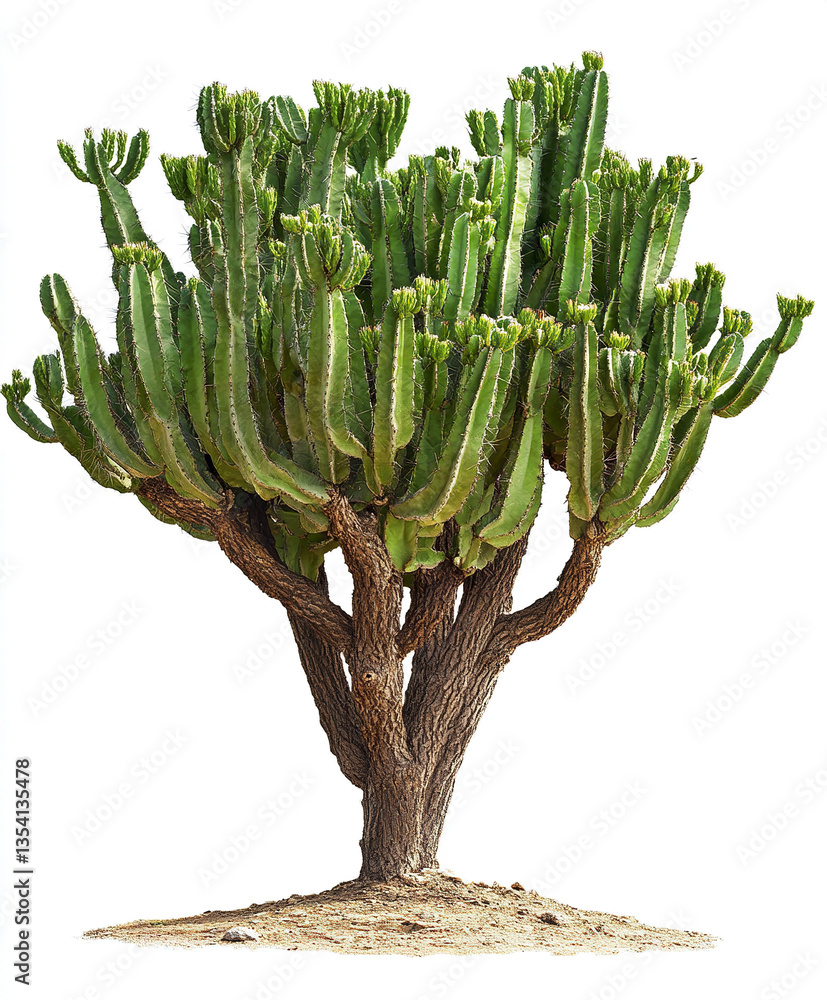 Poster tall cactus tree with multiple branches on white background