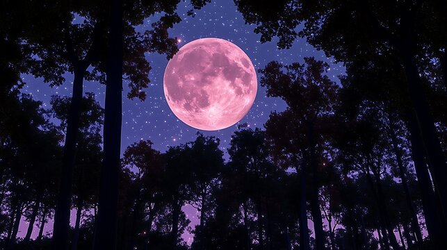 Pink full moon shining through dark forest trees at night.